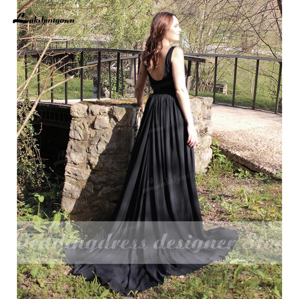 Vestido de novia bohemio negro sencillo de NumberSea, con escote redondo y encaje negro, estilo gótico, para Halloween, escapadas al aire libre, estilo gótico.