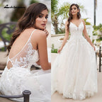 NumberSea Vintage A-Linien-Brautkleid für den Strand mit Perlenapplikationen aus floraler Spitze, schlichte Spaghettiträger, Boho-Brautkleid, Robe de Mariee
