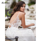 NumberSea Vintage A-Linien-Brautkleid für den Strand mit Perlenapplikationen aus floraler Spitze, schlichte Spaghettiträger, Boho-Brautkleid, Robe de Mariee