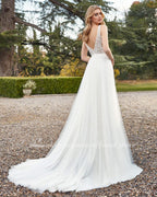 NumberSea Stilvolle Bohemian Elfenbein Spitze Hochzeit Kleider 2021 robe de mariage Sexy EINE Linie V-AUSSCHNITT Frauen Braut Kleider Robe Longue Lakshmigown