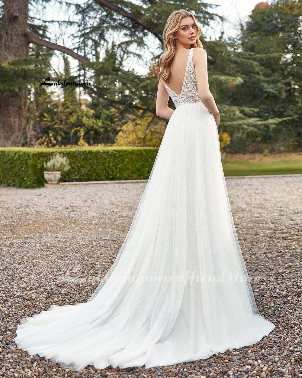 NumberSea Stilvolle Bohemian Elfenbein Spitze Hochzeit Kleider 2021 robe de mariage Sexy EINE Linie V-AUSSCHNITT Frauen Braut Kleider Robe Longue Lakshmigown