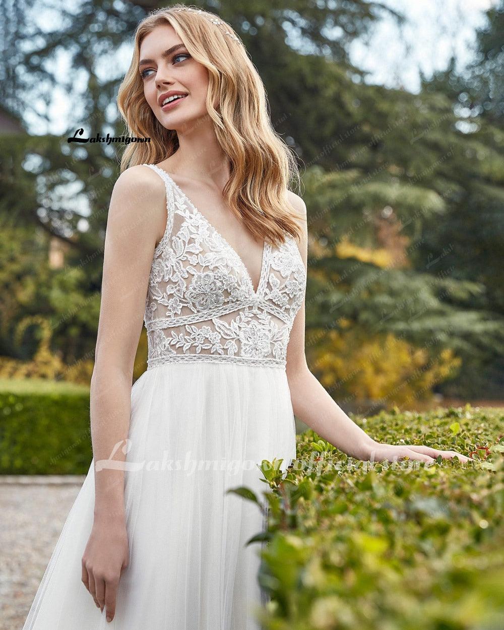 NumberSea Stilvolle Bohemian Elfenbein Spitze Hochzeit Kleider 2021 robe de mariage Sexy EINE Linie V-AUSSCHNITT Frauen Braut Kleider Robe Longue Lakshmigown