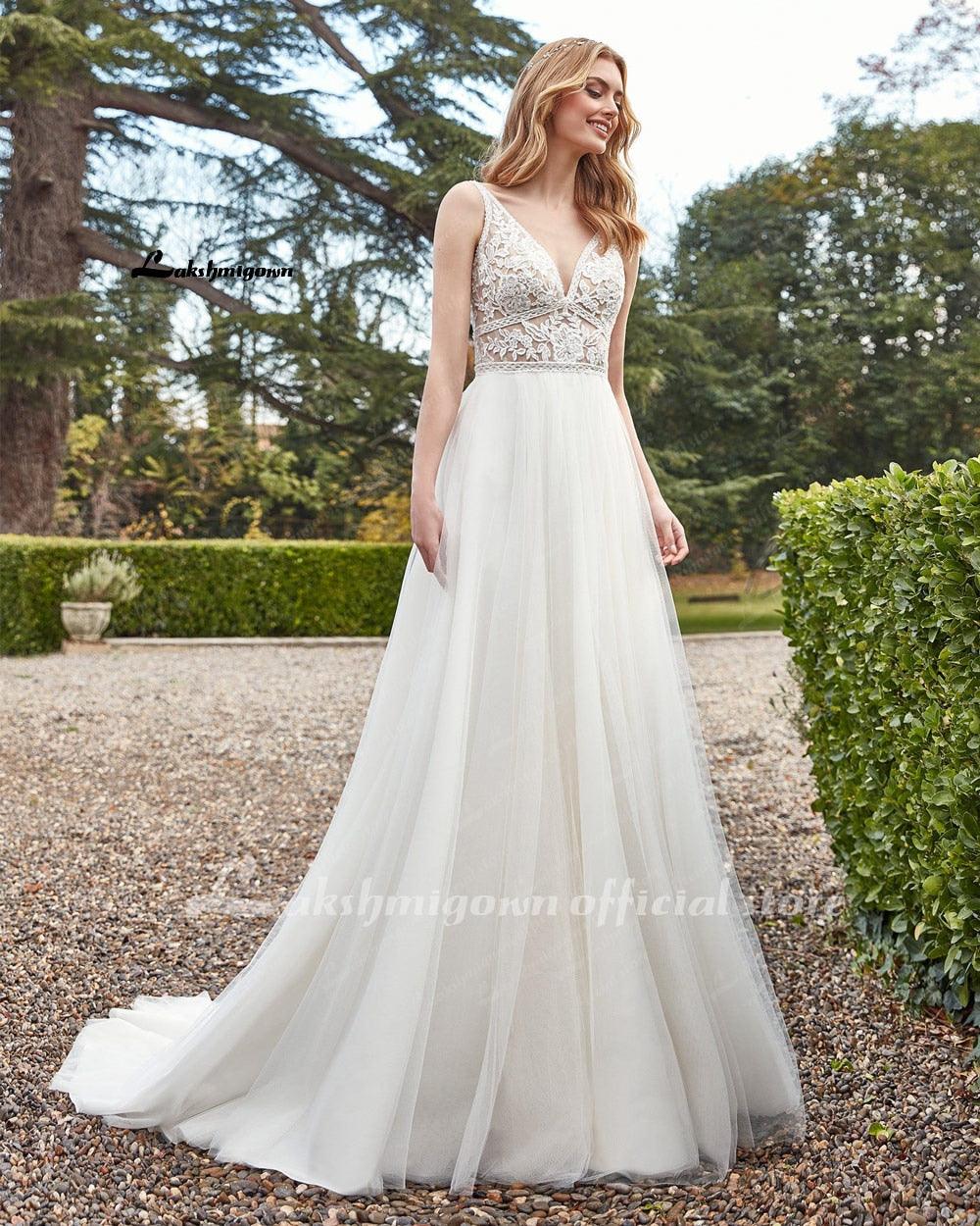 NumberSea Stilvolle Bohemian Elfenbein Spitze Hochzeit Kleider 2021 robe de mariage Sexy EINE Linie V-AUSSCHNITT Frauen Braut Kleider Robe Longue Lakshmigown