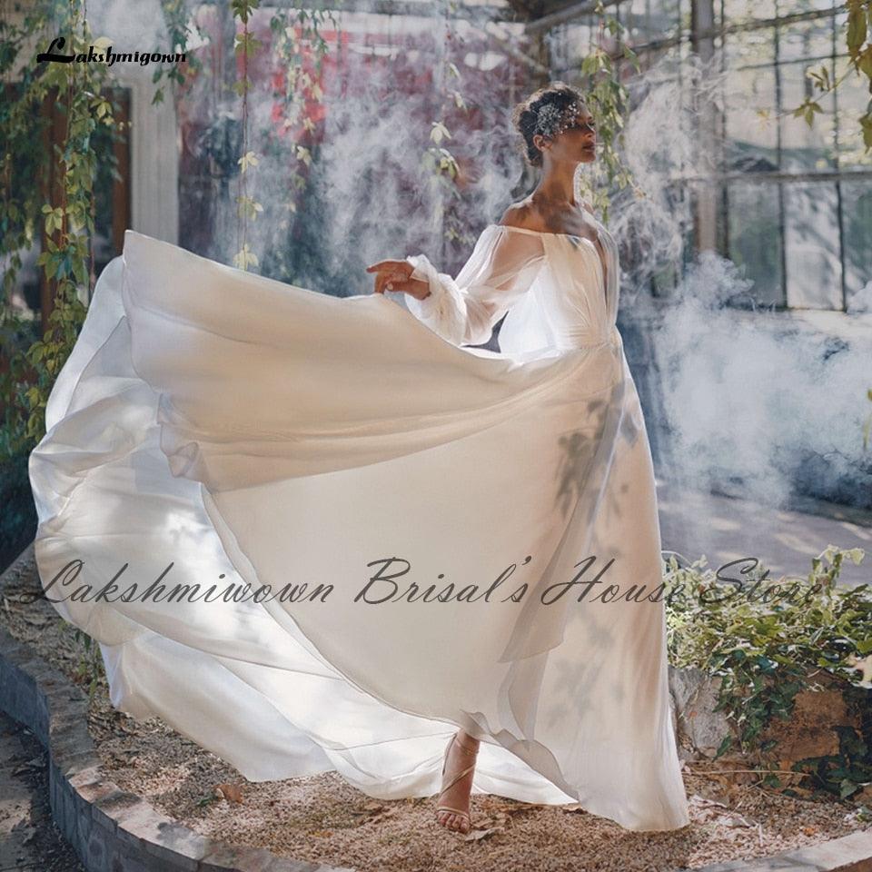 Vestido de novia NumberSea sexy de manga larga abullonada con hombros descubiertos 2021, vestidos de novia elegantes bohemios de corte A de gasa.