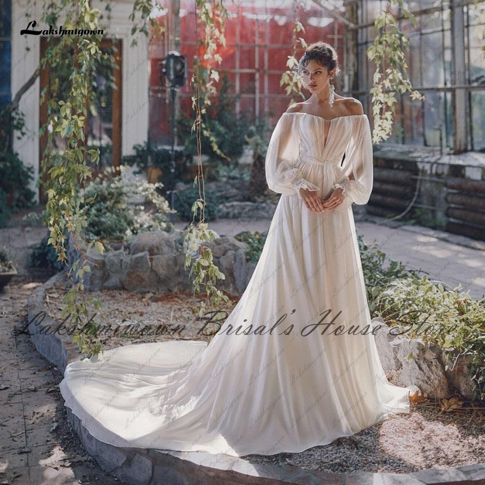 Vestido de novia NumberSea sexy de manga larga abullonada con hombros descubiertos 2021, vestidos de novia elegantes bohemios de corte A de gasa.