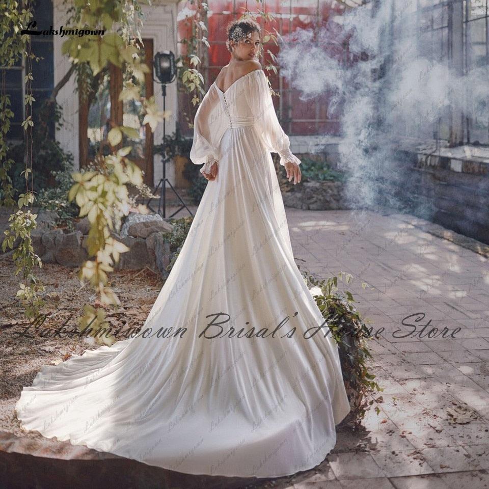 Vestido de novia NumberSea sexy de manga larga abullonada con hombros descubiertos 2021, vestidos de novia elegantes bohemios de corte A de gasa.