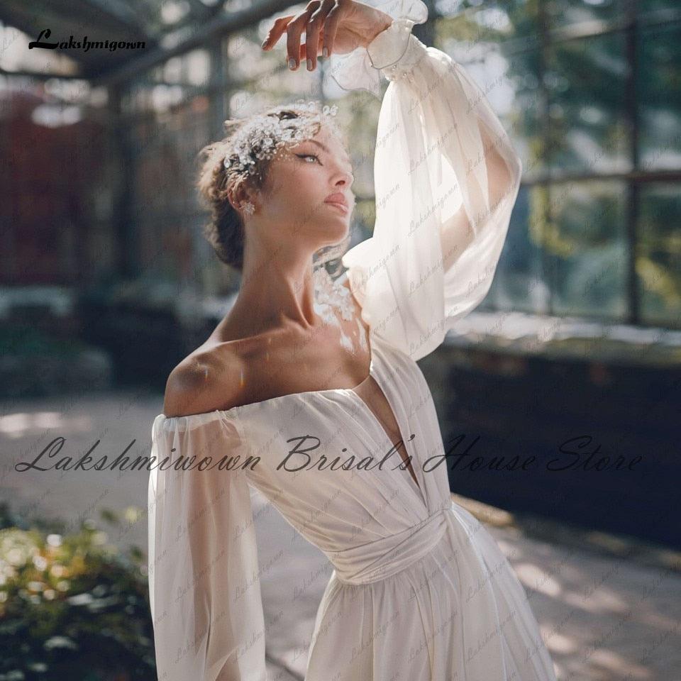 Vestido de novia NumberSea sexy de manga larga abullonada con hombros descubiertos 2021, vestidos de novia elegantes bohemios de corte A de gasa.