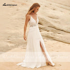 Vestidos de novia de gasa para playa NumberSea 2024, sencillos, con escote en V y tirantes finos