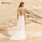Vestidos de novia de gasa para playa NumberSea 2024, sencillos, con escote en V y tirantes finos