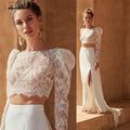 NumberSea Vestidos de novia de dos piezas Trajes de boda civil bohemios Parte superior de encaje Mangas largas Vestido con abertura delantera princesa blanco Lakshmigown