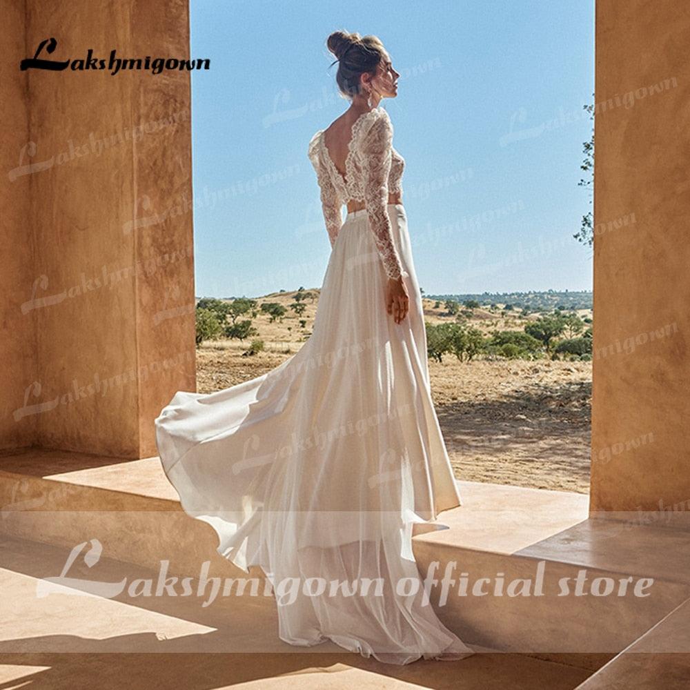 NumberSea Vestidos de novia de dos piezas Trajes de boda civil bohemios Parte superior de encaje Mangas largas Vestido con abertura delantera princesa blanco Lakshmigown
