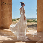 NumberSea Vestidos de novia de dos piezas Trajes de boda civil bohemios Parte superior de encaje Mangas largas Vestido con abertura delantera princesa blanco Lakshmigown