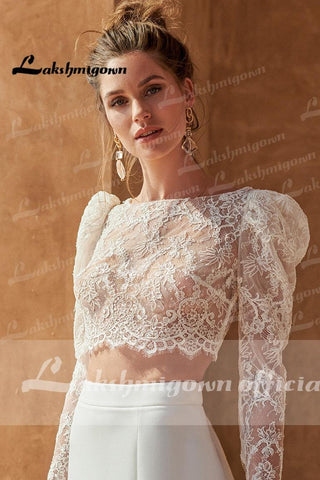 NumberSea Zweiteilige Hochzeitskleider 2022 Zivil Boho Hochzeitskleider Spitzenoberteil Lange Ärmel Vorne Split Kleid Prinzessin Weiß Lakshmigown