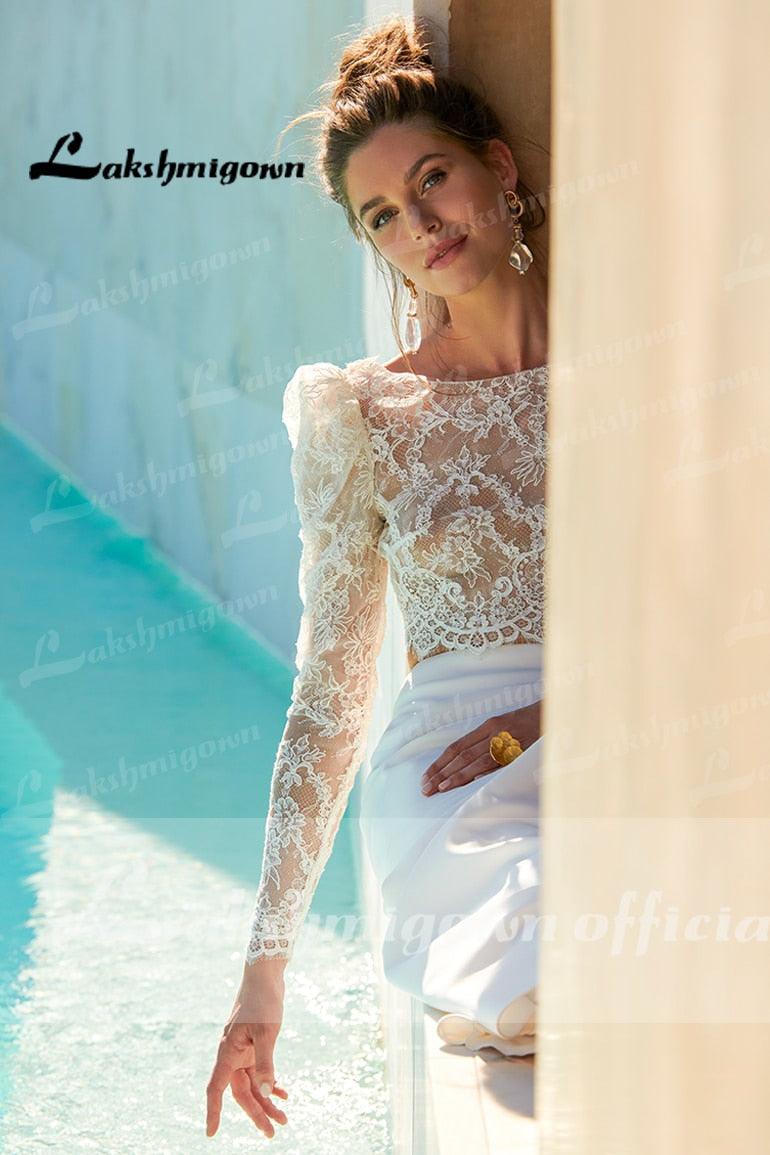 NumberSea Vestidos de novia de dos piezas Trajes de boda civil bohemios Parte superior de encaje Mangas largas Vestido con abertura delantera princesa blanco Lakshmigown