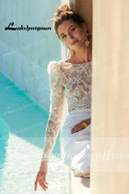 NumberSea Vestidos de novia de dos piezas Trajes de boda civil bohemios Parte superior de encaje Mangas largas Vestido con abertura delantera princesa blanco Lakshmigown