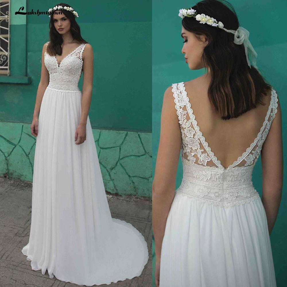 NumberSea - Vestidos de novia de verano para playa, corte A, estilo bohemio, con encaje, escote en V, espalda descubierta, de tul
