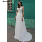 NumberSea - Vestidos de novia de verano para playa, corte A, estilo bohemio, con encaje, escote en V, espalda descubierta, de tul