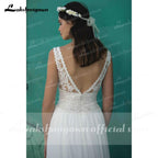 NumberSea - Vestidos de novia de verano para playa, corte A, estilo bohemio, con encaje, escote en V, espalda descubierta, de tul