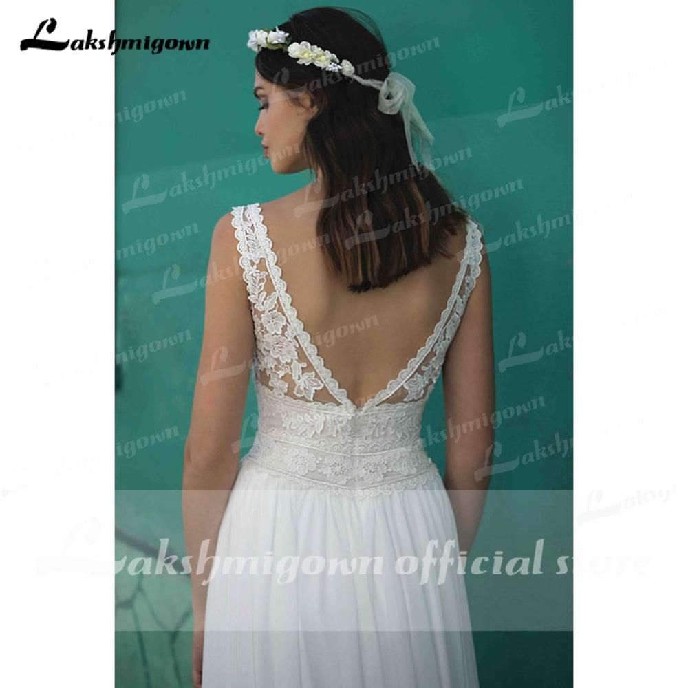 NumberSea - Vestidos de novia de verano para playa, corte A, estilo bohemio, con encaje, escote en V, espalda descubierta, de tul