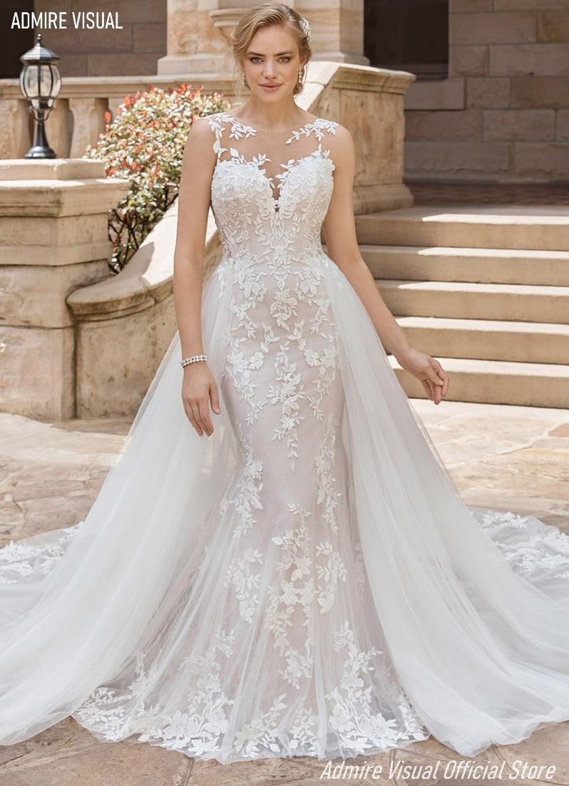 Vestido de novia NumberSea de sirena con encaje, escote corazón, espagueti 2 en 1, sin espalda, para fiesta, talla grande, para novia