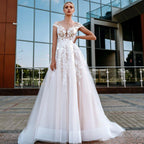 Vestidos de novia NumberSea de manga corta en color rosa, estilo bohemio, con cuello redondo, apliques de encaje, 2021, de tul, con botones en la espalda