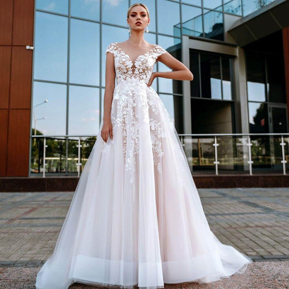Vestidos de novia NumberSea de manga corta en color rosa, estilo bohemio, con cuello redondo, apliques de encaje, 2021, de tul, con botones en la espalda