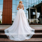 Vestidos de novia NumberSea de manga corta en color rosa, estilo bohemio, con cuello redondo, apliques de encaje, 2021, de tul, con botones en la espalda