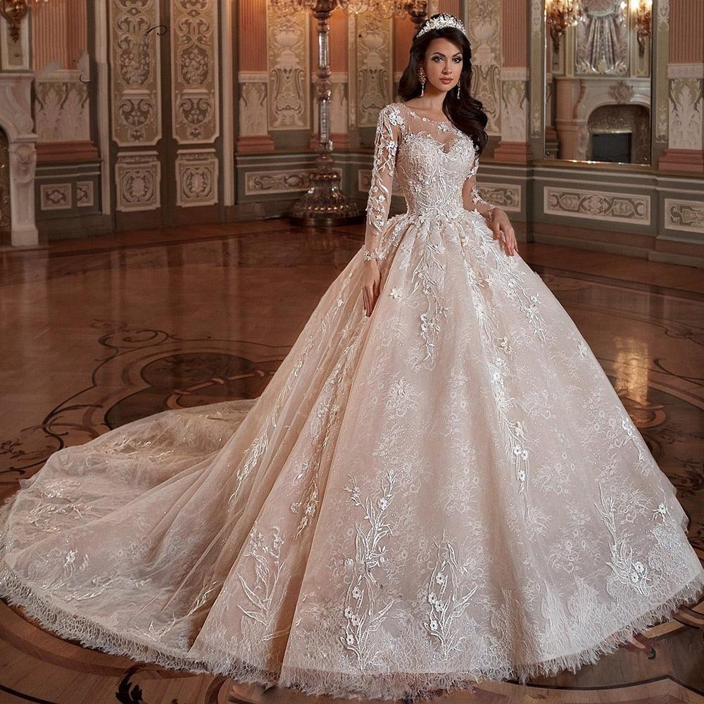 Vestidos de novia NumberSea, manga larga, princesa, encaje, bola, vestidos de novia, apliques de flores, cuentas, cola capilla, vestidos de novia vintage