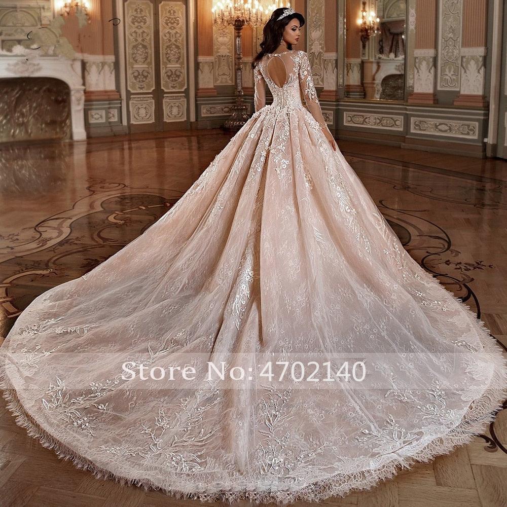 Vestidos de novia NumberSea, manga larga, princesa, encaje, bola, vestidos de novia, apliques de flores, cuentas, cola capilla, vestidos de novia vintage