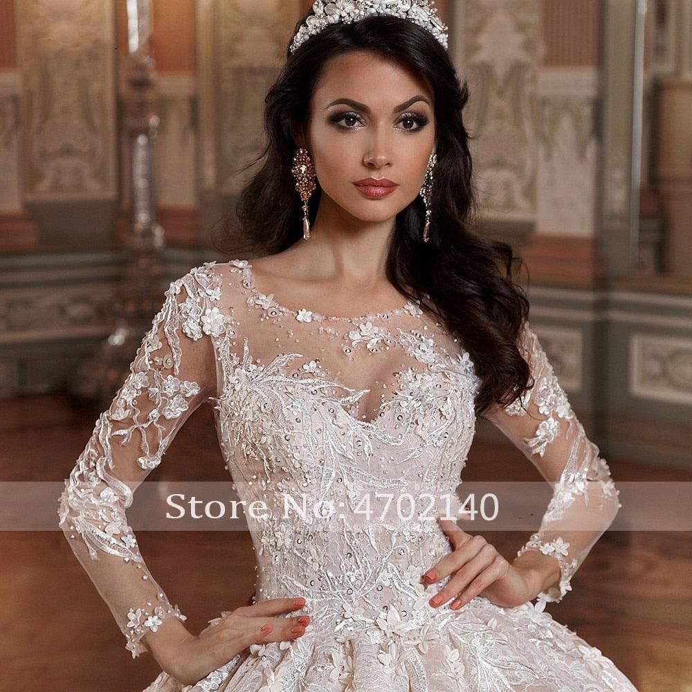 Vestidos de novia NumberSea, manga larga, princesa, encaje, bola, vestidos de novia, apliques de flores, cuentas, cola capilla, vestidos de novia vintage