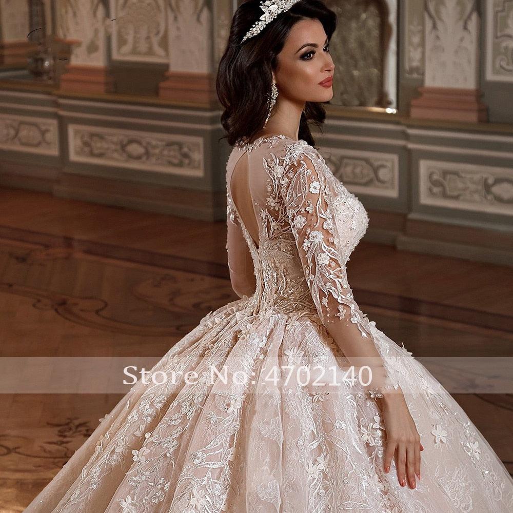 Vestidos de novia NumberSea, manga larga, princesa, encaje, bola, vestidos de novia, apliques de flores, cuentas, cola capilla, vestidos de novia vintage