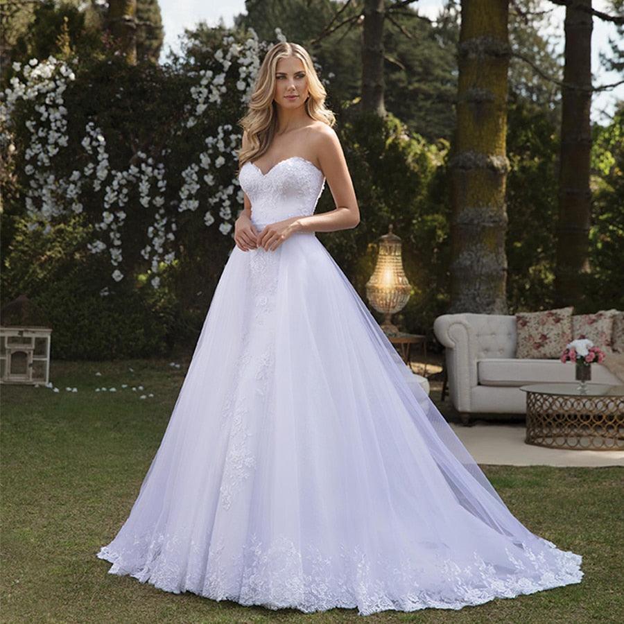 Vestido de novia NumberSea de encaje, largo, sirena, sin tirantes, con cola desmontable y apliques de encaje, dos piezas