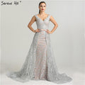 On Sale  no return no refundSale Deep-V Sleeveless Gliter Vintage Sexy Evening Dresses Mermaid Fashion Elegant With Removrable Train Evening Gown LA6235