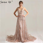 On Sale  no return no refundSale Deep-V Sleeveless Gliter Vintage Sexy Evening Dresses Mermaid Fashion Elegant With Removrable Train Evening Gown LA6235