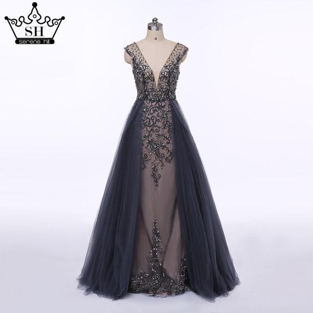 Hard Beading  Navy  Blue With Train  Evening Dress Long Diamond Crystal Tulle Formal Evening Dress 2024 Serene Hill LA6185