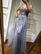 Hard Beading  Navy  Blue With Train  Evening Dress Long Diamond Crystal Tulle Formal Evening Dress 2024 Serene Hill LA6185