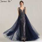 Hard Beading  Navy  Blue With Train  Evening Dress Long Diamond Crystal Tulle Formal Evening Dress 2024 Serene Hill LA6185