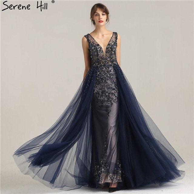 Hard Beading  Navy  Blue With Train  Evening Dress Long Diamond Crystal Tulle Formal Evening Dress 2024 Serene Hill LA6185