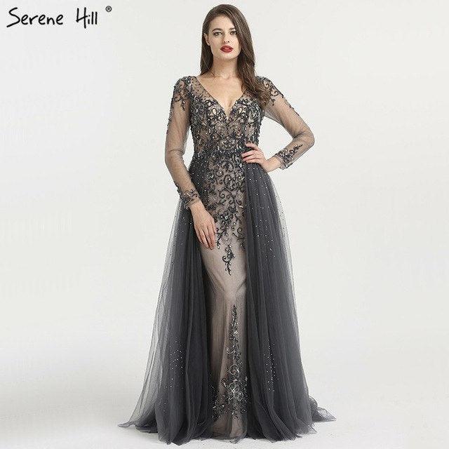 Long Sleeve Sexy V-Neck New Evening Dress A-Line Fashion Diamond Beading With Train Evening Dress Real Photo LA6571