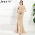 Sexy  Off Shouler Diamond Gold Nude Mermaid Evening Dresses Sparkly Evening Gown    Real Photo LA6110