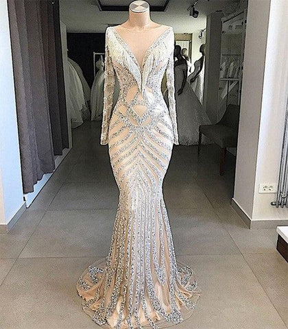 En oferta, sin devolución ni reembolso.Vestido de noche de lujo de sirena, ajustado, color piel, mangas largas, con borlas y abalorios, LA6594.