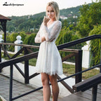 Vestidos de novia bohemios de verano con escote en A, sexys, sin espalda, cortos, de playa, con encaje transparente y manga larga.