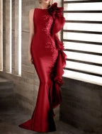 Abendkleid im Meerjungfrauen-/Trompeten-Stil, wunderschönes Rückenkleid, Verlobung, formeller Abend, Schleppe, ärmellos, Rundhalsausschnitt, Herbst, Hochzeitsgast, Stretch-Satin mit Applikationen
