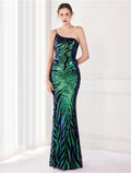 Mermaid / Trumpet Evening Gown Elegant Dress Wedding Guest Floor Length Sleeveless One Shoulder Sequined V Back with Sequin