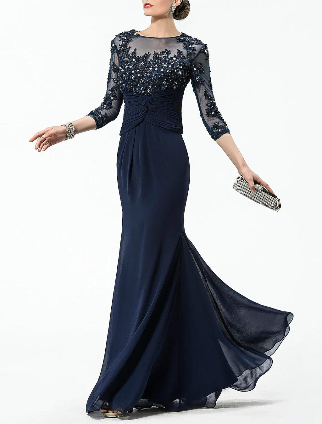 Vestido de noche formal elegante de dos piezas con escote sirena/trompeta y brillo, para invitada de boda, con ilusión, media manga, largo hasta el suelo, de gasa con apliques de cristales.