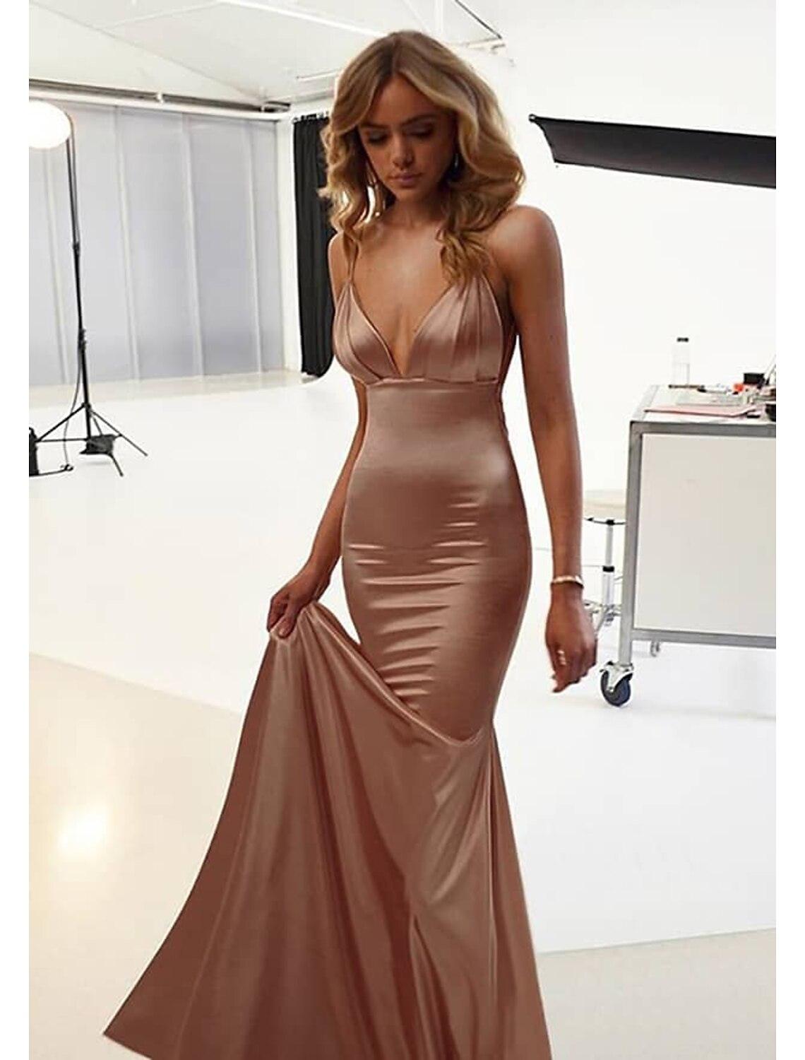 Vestidos de novia de sirena/trompeta para invitada de boda, vestido sexy de fiesta, corbata negra, gala, largo hasta el suelo, sin mangas, tirantes finos, de algodón, sin espalda y fruncido