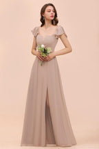 Puff Sleeve Khaki Bridesmaid Dress Side Spolit Maid of honor dress