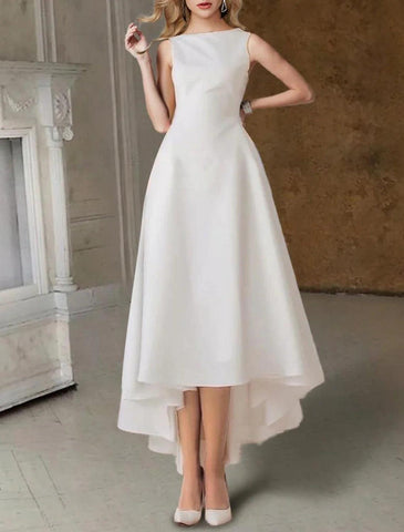 Hall Little White Dresses Brautkleider A-Linie Rundhalsausschnitt Ärmellos Wadenlang Satin Brautkleider Mit Falten Einfarbig