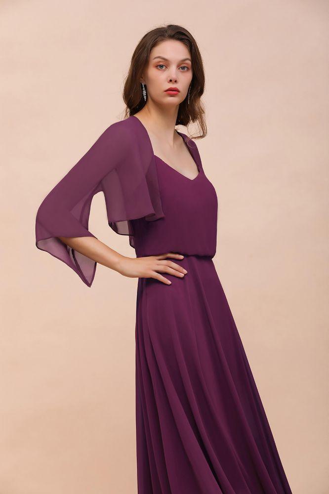 Vestido morado de dama de honor con tirantes finos, largo hasta el suelo, informal