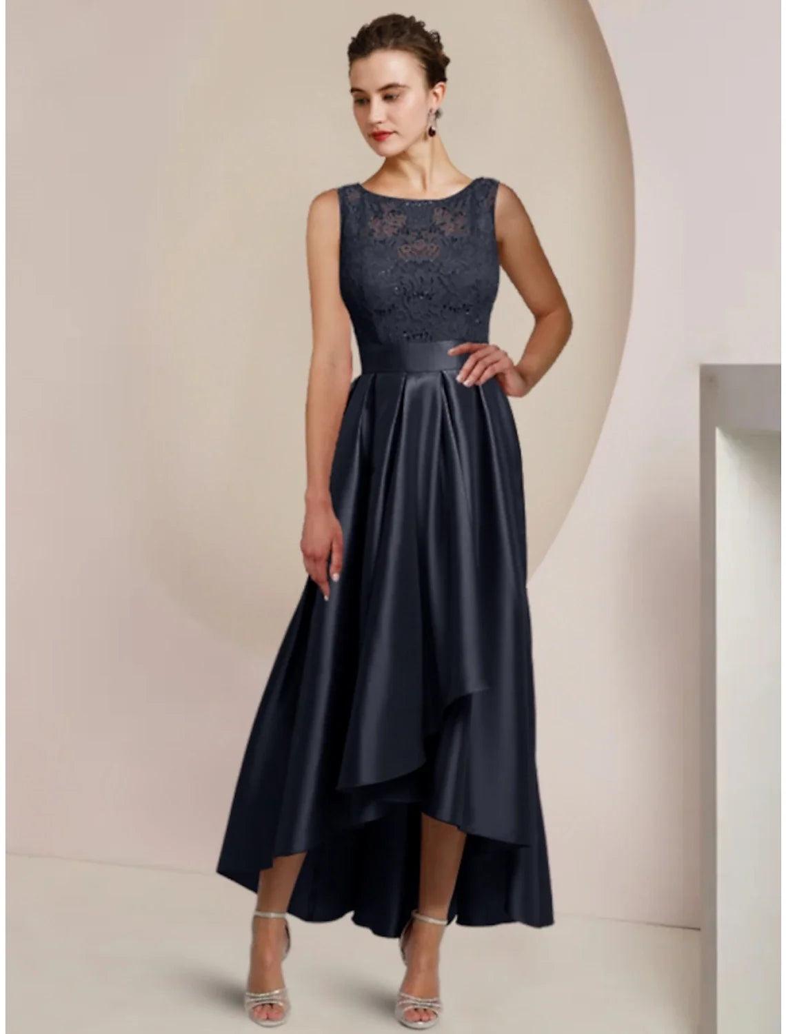 Etuikleid / Säule Kleid für die Brautmutter Hochzeitsgast Minimalistisch Elegant Rundhalsausschnitt Asymmetrisch Knöchellang Satin Spitze Halbarm mit Falten Volltonfarbe